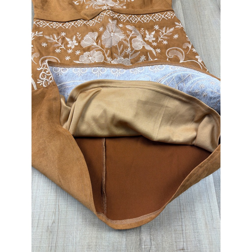 Savanna Jane Brown Faux Suede Embroidered Floral Mini Dress Sleeveless Medium - Picture 6 of 7
